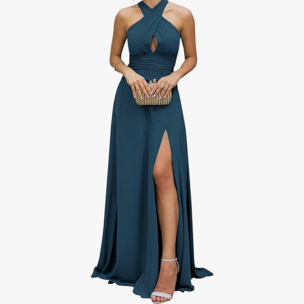Elegant Teal Halter Maxi Dress